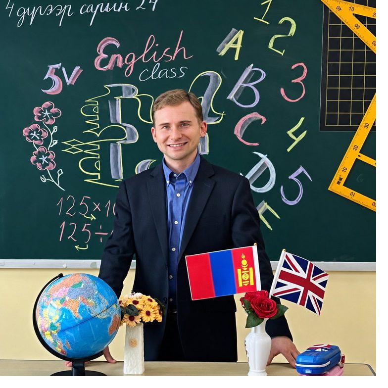 Christopher Wizda in a classroom with Mongolia and United Kingdom flags and a globe